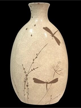 Vintage 2000s Studio Pottery Vase - Dragonfly Beige Crackle Paint Finish